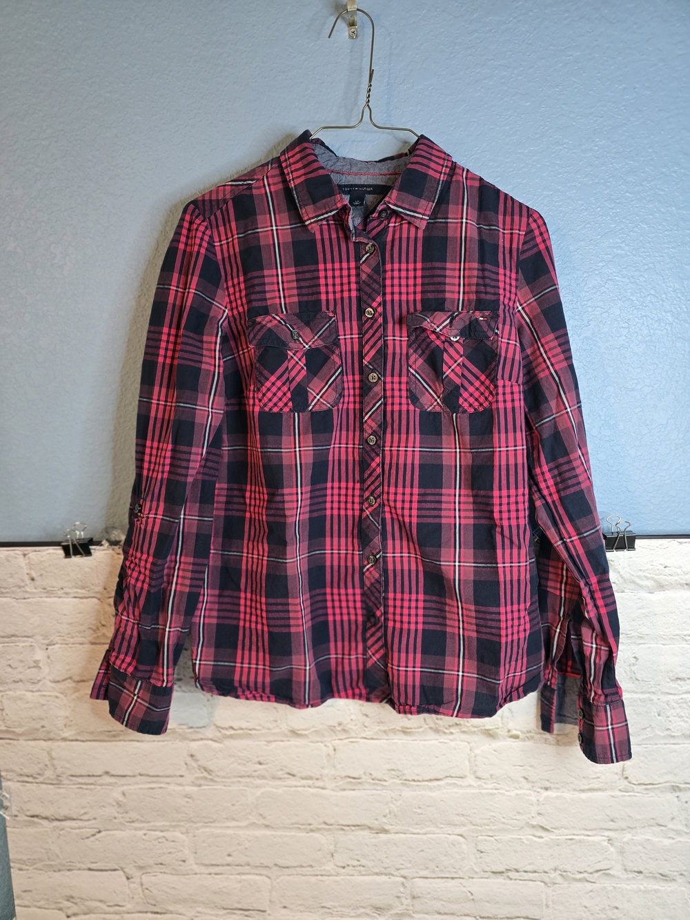 Tommy Hilfiger Red and Black Plaid Button-Down Shirt Sz S/P